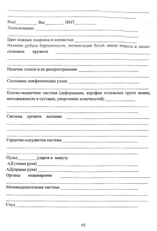 Рост
Телосложение

Вес

ИМТ

Цвет кожных покровов и слизистых
Наличие рубцов беременности, пигментации белой линии живота и около­
сосковых
кружков

Наличие отеков и их распространение
Состояние лимфатических узлов
Костно-мышечная система (деформации, атрофии отдельных групп мышц,
неподвижность в суставах, укорочение конечностей)

Система

органов

дыхания

Сердечно-сосудистая система

Пульс__
ударов в минуту
АД (левая рука)
АД(правая рука)
Органы
пищеварения
Мочевыделительная система

Стул_

95

 
