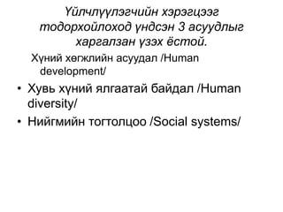Үйлчлүүлэгчийн хэрэгцээг
тодорхойлоход үндсэн 3 асуудлыг
харгалзан үзэх ёстой.
Хүний хөгжлийн асуудал /Human
development/
• Хувь хүний ялгаатай байдал /Human
diversity/
• Нийгмийн тогтолцоо /Social systems/
 