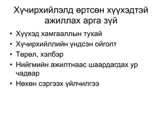 Хүчирхийлэлд өртсөн хүүхэдтэй
ажиллах арга зүй
• Хүүхэд хамгааллын тухай
• Хүчирхийллийн үндсэн ойголт
• Төрөл, хэлбэр
• Нийгмийн ажилтнаас шаардагдах ур
чадвар
• Нөхөн сэргээх үйлчилгээ
 