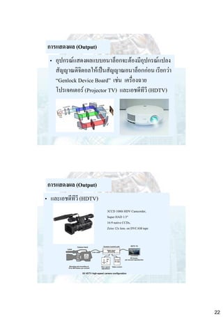 การแสดงผล (Output)
• อุปกรณ์แสดงผลแบบอนาล็อกจะต้องมีอุปกรณ์แปลง
สัญญาณดิจิตอลให้เป็นสัญญาณอนาล็อกก่อน เรียกว่า
“Genlock Device Board” เช่น เครื่องฉาย
โปรเจคเตอร์ (Projector TV) และเอชดีทีวี (HDTV)

การแสดงผล (Output)

• และเอชดีทีวี (HDTV)
3CCD 1080i HDV Camcorder,
Super HAD 1/3"
16:9 native CCDs,
Zeiss 12x lens. on DVCAM tape

22

 