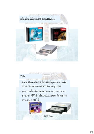 เครื่องอ่านซีดีรอม (CD-ROM Drive)

DVD
• DVD เป็นเทคโนโลยีที่บันทึกข้อมูลมากกว่าแผ่น
CD-ROM เช่น แผ่น DVD มีความจุ 17 GB
• จุดเด่น เครื่องอ่าน DVD Drive สามารถอ่านแผ่น
ประเภท ซีดีได้ แต่ CD-ROM Drive ไม่สามารถ
อ่านแผ่น DVD ได้

DVD Drive

26

 