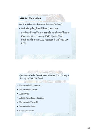 การศึกษา (Education)
บอร์ดแคส (Distance Broadcast Learning/Training)
• จัดเก็บข้อมูลในรูปแบบซีดีรอม (CD-ROM)
• การพัฒนาสื่อการเรียนการสอนหรือ คอมพิวเตอร์ช่วยสอน
(Computer Aided Learning: CAL) ชุดผลิตภัณฑ์
คอมพิวเตอร์ช่วยสอน (CAI Package) เก็บอยู่ในรูป CDROM

69

ตัวอย่างชุดผลิตภัณฑ์คอมพิวเตอร์ช่วยสอน (CAI Package)
ที่บรรจุใน CD-ROM ได้แก่
•
•
•
•
•
•
•

Macromedia Dreamweaver
Macromedia Director
Authorware
Adobe Photoshop, Illustrator
Macromedia Firewall
Macromedia Flash
Lotus Screencam
70

35

 