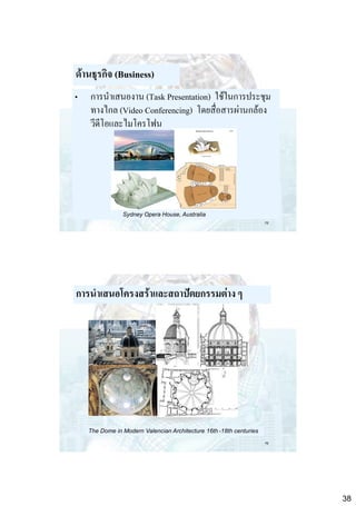 ด้านธุรกิจ (Business)
•

การนาเสนองาน (Task Presentation) ใช้ในการประชุม
ทางไกล (Video Conferencing) โดยสื่อสารผ่านกล้อง
วีดีโอและไมโครโฟน

Sydney Opera House, Australia
75

การนาเสนอโครงสร้าและสถาปัตยกรรมต่าง ๆ

The Dome in Modern Valencian Architecture. 16th -18th centuries
76

38

 