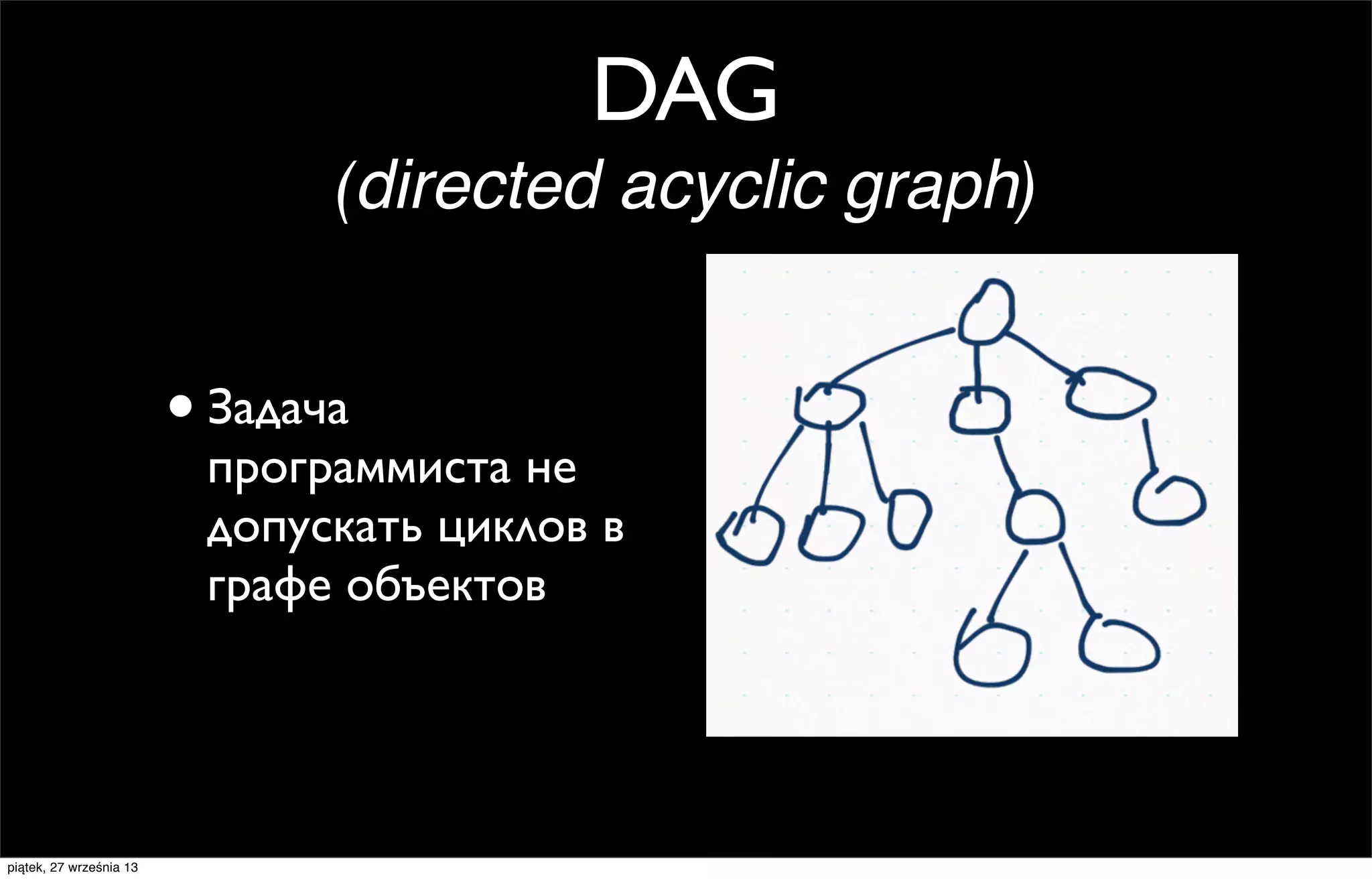 DAG
(directed acyclic graph)

• Задача

программиста не
допускать циклов в
графе объектов

piątek, 27 września 13

 