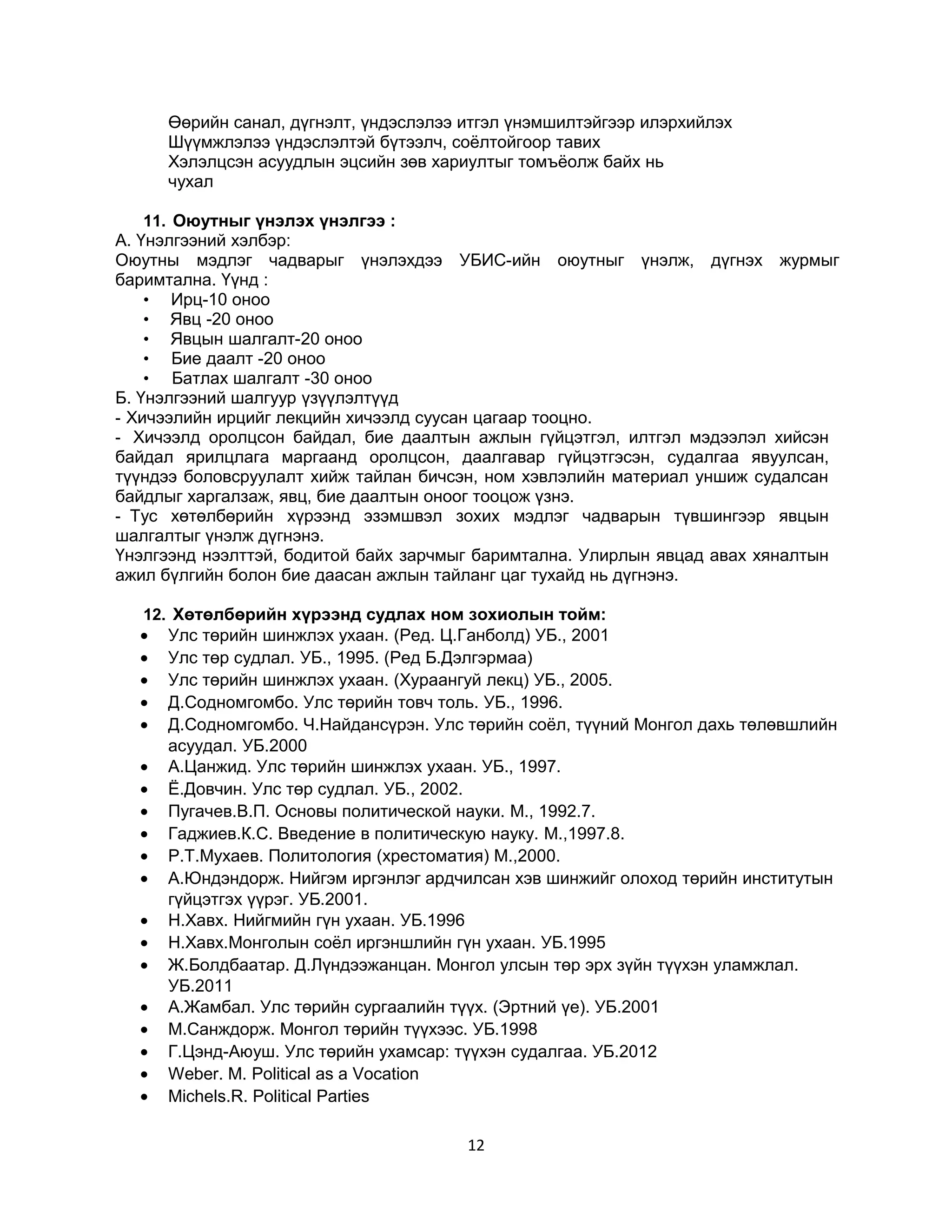 Өөрийн санал, дүгнэлт, үндэслэлээ итгэл үнэмшилтэйгээр илэрхийлэх
Шүүмжлэлээ үндэслэлтэй бүтээлч, соёлтойгоор тавих
Хэлэлцсэн асуудлын эцсийн зөв хариултыг томъёолж байх нь
чухал
11. Оюутныг үнэлэх үнэлгээ :
А. Үнэлгээний хэлбэр:
Оюутны мэдлэг чадварыг үнэлэхдээ УБИС-ийн оюутныг үнэлж, дүгнэх журмыг
баримтална. Үүнд :
• Ирц-10 оноо
• Явц -20 оноо
• Явцын шалгалт-20 оноо
• Бие даалт -20 оноо
• Батлах шалгалт -30 оноо
Б. Үнэлгээний шалгуур үзүүлэлтүүд
- Хичээлийн ирцийг лекцийн хичээлд суусан цагаар тооцно.
- Хичээлд оролцсон байдал, бие даалтын ажлын гүйцэтгэл, илтгэл мэдээлэл хийсэн
байдал ярилцлага маргаанд оролцсон, даалгавар гүйцэтгэсэн, судалгаа явуулсан,
түүндээ боловсруулалт хийж тайлан бичсэн, ном хэвлэлийн материал уншиж судалсан
байдлыг харгалзаж, явц, бие даалтын оноог тооцож үзнэ.
- Тус хөтөлбөрийн хүрээнд эзэмшвэл зохих мэдлэг чадварын түвшингээр явцын
шалгалтыг үнэлж дүгнэнэ.
Үнэлгээнд нээлттэй, бодитой байх зарчмыг баримтална. Улирлын явцад авах хяналтын
ажил бүлгийн болон бие даасан ажлын тайланг цаг тухайд нь дүгнэнэ.
12. Хөтөлбөрийн хүрээнд судлах ном зохиолын тойм:
• Улс төрийн шинжлэх ухаан. (Ред. Ц.Ганболд) УБ., 2001
• Улс төр судлал. УБ., 1995. (Ред Б.Дэлгэрмаа)
• Улс төрийн шинжлэх ухаан. (Хураангуй лекц) УБ., 2005.
• Д.Содномгомбо. Улс төрийн товч толь. УБ., 1996.
• Д.Содномгомбо. Ч.Найдансүрэн. Улс төрийн соёл, түүний Монгол дахь төлөвшлийн
асуудал. УБ.2000
• А.Цанжид. Улс төрийн шинжлэх ухаан. УБ., 1997.
• Ё.Довчин. Улс төр судлал. УБ., 2002.
• Пугачев.В.П. Основы политической науки. М., 1992.7.
• Гаджиев.К.С. Введение в политическую науку. М.,1997.8.
• Р.Т.Мухаев. Политология (хрестоматия) М.,2000.
• А.Юндэндорж. Нийгэм иргэнлэг ардчилсан хэв шинжийг олоход төрийн институтын
гүйцэтгэх үүрэг. УБ.2001.
• Н.Хавх. Нийгмийн гүн ухаан. УБ.1996
• Н.Хавх.Монголын соёл иргэншлийн гүн ухаан. УБ.1995
• Ж.Болдбаатар. Д.Лүндээжанцан. Монгол улсын төр эрх зүйн түүхэн уламжлал.
УБ.2011
• А.Жамбал. Улс төрийн сургаалийн түүх. (Эртний үе). УБ.2001
• М.Санждорж. Монгол төрийн түүхээс. УБ.1998
• Г.Цэнд-Аюуш. Улс төрийн ухамсар: түүхэн судалгаа. УБ.2012
• Weber. M. Political as a Vocation
• Michels.R. Political Parties

12

 