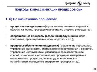 ПОДХОДЫ К КЛАССИФИКАЦИИ ПРОЦЕССОВ СМК

1. б) По назначению процессов:
•

процессы менеджмента (формирование политики и целей в
области качества, проведения анализа со стороны руководства),

•

операционные процессы (создания продукции) (анализ
контрактов, проектирование, производство, и т.д.),

•

процессы обеспечения (поддержки) (управление персоналом,
управление финансами, обслуживание оборудования и оснастки,
управление инструментом, управление производственной
средой, измерение и отслеживание продукции, измерение и
отслеживание процессов, анализ удовлетворенности
потребителей, проведение внутренних проверок и т.д.).
34

 