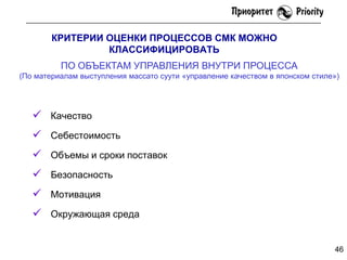 КРИТЕРИИ ОЦЕНКИ ПРОЦЕССОВ СМК МОЖНО
КЛАССИФИЦИРОВАТЬ
ПО ОБЪЕКТАМ УПРАВЛЕНИЯ ВНУТРИ ПРОЦЕССА
(По материалам выступления массато суути «управление качеством в японском стиле»)

 Качество
 Себестоимость

 Объемы и сроки поставок
 Безопасность
 Мотивация

 Окружающая среда
46

 