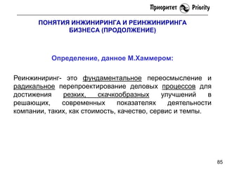 ПОНЯТИЯ ИНЖИНИРИНГА И РЕИНЖИНИРИНГА
БИЗНЕСА (ПРОДОЛЖЕНИЕ)

Определение, данное М.Хаммером:
Реинжиниринг- это фундаментальное переосмысление и
радикальное перепроектирование деловых процессов для
достижения
резких,
скачкообразных
улучшений
в
решающих,
современных
показателях
деятельности
компании, таких, как стоимость, качество, сервис и темпы.

85

 
