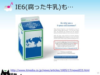 IE6(腐った牛乳)も…

http://www.itmedia.co.jp/news/articles/1005/17/news033.html
10

 