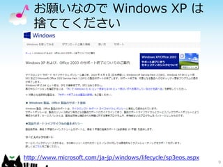 お願いなので Windows XP は
捨ててください

http://www.microsoft.com/ja-jp/windows/lifecycle/sp3eos.aspx

9

 