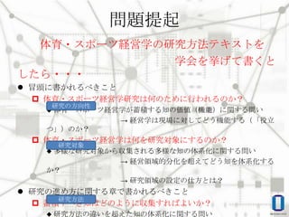 問題提起
体育・スポーツ経営学の研究方法テキストを
学会を挙げて書くと
したら・・・
 冒頭に書かれるべきこと
 体育・スポーツ経営学研究は何のために行われるのか？
研究の方向性

 体育・スポーツ経営学が蓄積する知の価値（機能）に関する問い

→ 経営学は現場に対してどう機能する（「役立
つ」）のか？

 体育・スポーツ経営学は何を研究対象にするのか？
研究対象

 多様な研究対象から収集される多様な知の体系化に関する問い

→ 経営領域的分化を超えてどう知を体系化する

か？
→ 研究領域の設定の仕方とは？

 研究の進め方に関する章で書かれるべきこと
研究方法
 蓄積すべき知はどのように収集すればよいか？
 研究方法の違いを超えた知の体系化に関する問い

 