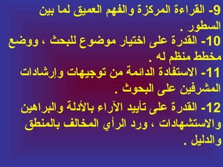 ‫9- القراءة المركزة والفهم العميق لما بين‬
‫السطور .‬
‫01- القدرة على اختيار موضوع للبحث ، ووضع‬
‫مخطط منظم له .‬
‫11- الستفادة الدائمة من توجيهات وإرشادات‬
‫المشرفين على البحوث .‬
‫21 - القدرة على تأييد الراء بالدلة والبراهين‬
‫والستشهادات ، ورد الرأي المخالف بالمنطق‬
‫والدليل .‬

 