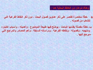 ‫وهاناك نوعان من الخطط البحثية هما :‬

‫.‪ a‬خطة مختصرة تقتصر على ذكر عاناوين فصول البحث ، دون ذكر الانقاط الفرعية التي‬
‫اّ‬
‫تتشعب من فصوله .‬
‫اّ‬
‫ب- خطة مفصلة يقدمها الباحث ، يوض ح فيها طبيعة الموضوع ، وأهميته ، وأسباب اختياره‬
‫اّ‬
‫اّ‬
‫اّ‬
‫اّ‬
‫ومانهجه ، وفصوله ، ونقاطه الفرعية ، ودراساته السابقة ، وأهم المصادر والمراجع التي‬
‫سيرجع إليها .‬

 