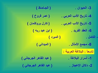‫3- الحيوان .‬

‫) الجـاحـظ (‬

‫4- تاريخ الدب العربي .‬

‫) عمر فروخ (‬

‫5- تاريخ الدب العربي .‬

‫) كارل بروكلمان (‬

‫6- العقد الفريد .‬

‫7- الكامل .‬
‫8- مجمع المثال .‬

‫) ابن عبد ربه (‬
‫) المبرد (‬
‫) الميداني (‬

‫تاسعا : البالغة العربية :‬
‫ ً‬
‫1- أسرار البالغة .‬

‫) عبد القاهر الجرجاني (‬

‫2- دلئل العجاز .‬

‫) عبد القاهر الجرجاني (‬

 