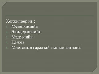 Хөгжилөөр нь :
1. Мезенхимийн
2. Эпидермисийн
3. Мэдрэлийн
4. Целом
5. Миотомын гаралтай гэж тав ангилна.

 
