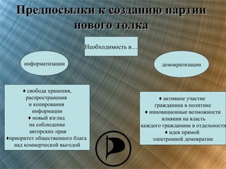 Предпосылки к созданию партии
нового толка
Необходимость в…
информатизации

♦ свобода хранения,
распространения
и копирования
информации
♦ новый взгляд
на соблюдение
авторских прав
♦приоритет общественного блага
над коммерческой выгодой

демократизации

♦ активное участие
гражданина в политике
♦ инновационные возможности
влияния на власть
каждого гражданина в отдельности
♦ идея прямой
электронной демократии

 