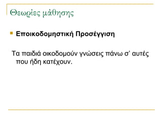 Θεωρίες μάθησης


Εποικοδομηστική Προσέγγιση

Τα παιδιά οικοδομούν γνώσεις πάνω σ’ αυτές
που ήδη κατέχουν.

 