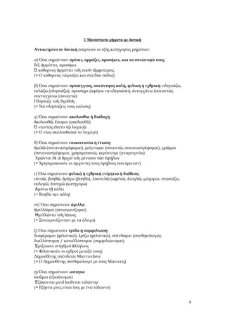  Μονόπτωτα ρήματα με δοτική
Αντικείμενο σε δοτική παίρνουν οι εξής κατηγορίες ρημάτων:
α) Όσα σημαίνουν πρέπει, αρμόζει, προσήκει, και τα συνώνυμά τους:
δεῖ, ἀρμόττει, προσήκει
Ὁ κόθορνος ἀρμόττει τοῖς ποσὶν ἀμφοτέροις
(= Ο κόθορνος ταιριάζει και στα δύο πόδια)
β) Όσα σημαίνουν προσέγγιση, συνάντηση απλή, φιλική ή εχθρική: πλησιάζω,
πελάζω (πλησιάζω), προσίημι (αφήνω να πλησιάσει), ἐντυγχάνω (συναντώ),
συντυγχάνω (συναντώ)
Πλησίαζε τοῖς ἀγαθοῖς
(= Να πλησιάζεις τους καλούς)
γ) Όσα σημαίνουν ακολουθία ή διαδοχή:
ἀκολουθῶ, ἕπομαι (ακολουθώ)
Ὁ νεανίας εἵπετο τῷ λοχαγῷ
(= Ο νέος ακολουθούσε το λοχαγό)
δ) Όσα σημαίνουν επικοινωνία ή ένωση:
ὁμιλῶ (συναναστρέφομαι), μείγνυμαι (συναντώ, συναναστρέφομαι), χρῶμαι
(συναναστρέφομαι, χρησιμοποιώ), κεράννυμι (αναμειγνύω)
Χρῶνται δὲ αἱ ἀρχαὶ τοῖς μένουσι τῶν ἐφήβων
(= Χρησιμοποιούν οι άρχοντες τους έφηβους που έμειναν)
ε) Όσα σημαίνουν φιλική ή εχθρική ενέργεια ή διάθεση:
εὐνοῶ, βοηθῶ, ἀρήγω (βοηθώ), λυσιτελῶ (ωφελώ), ἐνοχλῶ, μάχομαι, στασιάζω,
πολεμῶ, ἐπιτιμῶ (κατηγορώ)
Ἀμύνω τῇ πόλει
(= Βοηθώ την πόλη)
στ) Όσα σημαίνουν άμιλλα:
ἀμιλλῶμαι (συναγωνίζομαι)
Ἡμιλλῶντο τοῖς ἵπποις
(= Συναγωνίζονταν με τα άλογα)
ζ) Όσα σημαίνουν έριδα ή συμφιλίωση:
διαφέρομαι (φιλονικώ), ἐρίζω (φιλονικώ), σπένδομαι (συνθηκολογώ),
διαλλάττομαι / καταλλάττομαι (συμφιλιώνομαι)
Ἐρίζουσιν οἱ ἐχθροὶ ἀλλήλοις
(= Φιλονικούν οι εχθροί μεταξύ τους)
Δημοσθένης σπένδεται Μαντινεῦσιν
(= Ο Δημοσθένης συνθηκολογεί με τους Μανινείς)
η) Όσα σημαίνουν ισότητα:
ἰσοῦμαι (εξισώνομαι)
Ἑξήκονται μναῖ ἰσοῦνται ταλάντῳ
(= Εξήντα μνες είναι ίσες με ένα τάλαντο)

4

 
