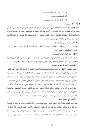 ‫9- المصغرات الفيلمي ‪.Microforms‬‬
‫4-‬

‫التيليتكست ‪Teletext‬‬

‫11- المعلومات المرئي‬
‫1-3النماذج‬

‫‪View data‬‬

‫‪Models‬‬

‫ال مولل تاليد م سم لألشياء الحاياي التي تدرس وم مميزاتها أنها تصور كثيرع م ادشياء التي ال يمكا‬
‫ا‬
‫إلضارها إلا ل رات الدراس للعديد م ادستاأ مثت كتر الح م أو لساسيتها ود تها أو دستاأ أخار و‬
‫وأليانع تتوافر فا المكتتات توليفات‬
‫ا‬

‫‪Kits‬‬

‫م ال مالل والصور والرساوا وشارائا الفياديو وشارائا الكاسايت‬

‫والم سمات معع داخت لافظ تسما دالحايت التعليمي .‬
‫ا‬
‫1-4 الرسوم التوضيحية‬

‫‪Charts‬‬

‫هذه الرسوا توضح الحاائق وادفكار ع يريق التعلياات اللفظي الم است واإليضالات و وهي تشمت :‬
‫الرسوا التخريري و المصورات .‬
‫1-5 الصور الفوتوغرافية‬

‫‪Photos‬‬

‫تعكو الصور الفوتوغرافي الوا اع وال حااائق والرتيعا كماا هاي و وهاي لات أهميا كتيارة ما ال اليا‬
‫التعليمي و إل تمك المعلم أو المحاضر م عرض الموضو داستخداا وسائت إيضالي مرئي .‬
‫1-6 الصور الرقمية‬

‫‪Digital Photos‬‬

‫وتسما دالصور اإللكتروني وها وسائا استخدمت فيها كاميرا التصوير الر مي التا تعتتر ألد أشاكاب‬
‫التا يات الحديث التا تعتمد علا لاكارة لحفاظ الصاور دون اساتخداا ادفاالا كماا كاان مثلوفاا فاا كااميرا‬
‫ع‬
‫التصااوير الفوتااوغرافي التاليدي ا و وتتميااز الصااور الر مي ا دمزايااا عدياادة م هااا أنهااا ال تترل اب عمليااات‬
‫تحميض ويتع وتكاليف إضافي و دت يمك إنزالها م الكاميرا الر مي إلا الحاسب أو إلا اإلنترنت .‬
‫كمااا يمكا نسااخها علااا أ اارا‬

‫مدم ا ومسااحها داسااتخداا الماسااح الضااوئي وتصااديرها إلااا اةخااري‬

‫واستيرادها م أإ مو ع و وتتميز دد تها العالي ودرج وضولها الفائاا وأدعادهاا الم سام و وإمكانيا‬
‫التعااديت فيهااا وتغيياار ألوانهااا وردرهااا درادعااات خاص ا ل سااخها علااا أوراق و كمااا يمكا إنزالهااا علااا‬
‫خلفيات وم اظر ونصو‬
‫1-7 الشرائح‬

‫و وها تستخدا اةن فا مختلف الم االت ل ودتها العالي .‬

‫‪Film Slides‬‬

‫تتكون م لارات فيلمي ثادت وملون تسما دالساليدات‪ Slides‬و هذه اللارات عتارة ع تصوير للرتيع‬
‫وما تحتويه م معالم وكائ ات لي علا شرائح فيلمي لات مااس 43مم وتثتت كت صورة أو لار في‬
‫إيااار خااا‬

‫ما التالسااتيك أو المعاادن و وتعاارض دوساااي جهاااز عاارض الشاارائح و وتتكااون الشاارائح‬

‫الفيلمي م م موع متتادع م الصور الشفاف المرتت ترتيتع م رايع لسب تسلست الموضو دحيا يتم‬
‫ا‬
‫ا‬

‫23‬

 