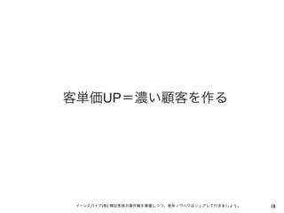 客単価UP＝濃い顧客を作る

イーンスパイア(株) 横田秀珠の著作権を尊重しつつ、是非ノウハウはシェアして行きましょう。

18

 