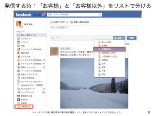 発信する時：「お客様」と「お客様以外」をリストで分ける

イーンスパイア(株) 横田秀珠の著作権を尊重しつつ、是非ノウハウはシェアして行きましょう。

25

 
