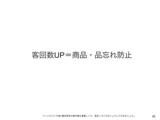 客回数UP＝商品・品忘れ防止

イーンスパイア(株) 横田秀珠の著作権を尊重しつつ、是非ノウハウはシェアして行きましょう。

62

 