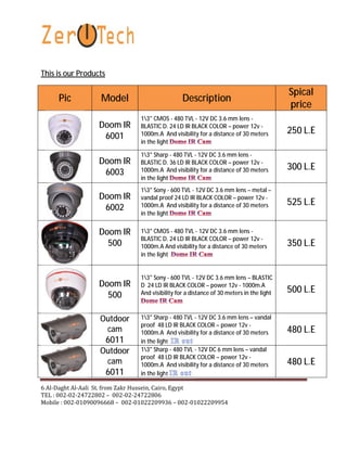This is our Products

Pic

Model

Description

Spical
price

Doom IR
6001

13" CMOS - 480 TVL - 12V DC 3.6 mm lens BLASTIC D. 24 LD IR BLACK COLOR – power 12v 1000m.A And visibility for a distance of 30 meters
in the light

250 L.E

Doom IR
6003

13" Sharp - 480 TVL - 12V DC 3.6 mm lens BLASTIC D. 36 LD IR BLACK COLOR – power 12v 1000m.A And visibility for a distance of 30 meters
in the light

300 L.E

Doom IR
6002

13" Sony - 600 TVL - 12V DC 3.6 mm lens – metal –
vandal proof 24 LD IR BLACK COLOR – power 12v 1000m.A And visibility for a distance of 30 meters
in the light

525 L.E

13" CMOS - 480 TVL - 12V DC 3.6 mm lens BLASTIC D. 24 LD IR BLACK COLOR – power 12v 1000m.A And visibility for a distance of 30 meters
in the light

350 L.E

Doom IR
500

Doom IR
500
Outdoor
cam

6011

Outdoor
cam

6011

13" Sony - 600 TVL - 12V DC 3.6 mm lens – BLASTIC
D 24 LD IR BLACK COLOR – power 12v - 1000m.A
And visibility for a distance of 30 meters in the light

13" Sharp - 480 TVL - 12V DC 3.6 mm lens – vandal
proof 48 LD IR BLACK COLOR – power 12v 1000m.A And visibility for a distance of 30 meters
in the light
13" Sharp - 480 TVL - 12V DC 6 mm lens – vandal
proof 48 LD IR BLACK COLOR – power 12v 1000m.A And visibility for a distance of 30 meters
in the light

6 Al-Daght Al-Aali St. from Zakr Hussein, Cairo, Egypt
TEL : 002-02-24722802 – 002-02-24722806
Mobile : 002-01090096668 – 002-01022209936 – 002-01022209954

500 L.E

480 L.E
480 L.E

 