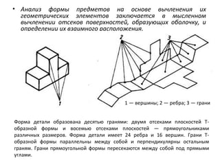 • Анализ формы предметов на основе вычленения их
геометрических элементов заключается в мысленном
вычленении отсеков поверхностей, образующих оболочку, и
определении их взаимного расположения.

1 — вершины; 2 — ребра; 3 — грани
Форма детали образована десятью гранями: двумя отсеками плоскостей Тобразной формы и восемью отсеками плоскостей — прямоугольниками
различных размеров. Форма детали имеет 24 ребра и 16 вершин. Грани Тобразной формы параллельны между собой и перпендикулярны остальным
граням. Грани прямоугольной формы пересекаются между собой под прямыми
углами.

 