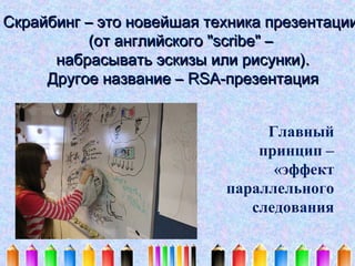 Скрайбинг – это новейшая техника презентации
(от английского "scribe" –
набрасывать эскизы или рисунки).
Другое название – RSA-презентация
Главный
принцип –
«эффект
параллельного
следования

 