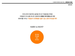 디지털미디어컨텐츠 정보디자인 – 세계를 품은 비빔밥

문제 정리

우리나라의 대표적인 글로벌 푸드인 ‘비빔밥’을 주제로
비빔밥의 우수성중 하나인 균등하게 포함된 5대 영양소에 대한
데이터를 가지고 ‘비빔밥’의 세계화를 도울수 있는 정보디자인을 제작

타겟이 누구인가?

한국에
관심을
갖는
외국인

 