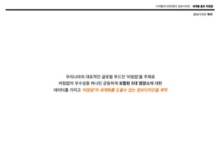 디지털미디어컨텐츠 정보디자인 – 세계를 품은 비빔밥

정보디자인 목적

우리나라의 대표적인 글로벌 푸드인 ‘비빔밥’을 주제로
비빔밥의 우수성중 하나인 균등하게 포함된 5대 영양소에 대한
데이터를 가지고 ‘비빔밥’의 세계화를 도울수 있는 정보디자인을 제작

 
