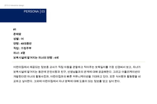 2013-2 interactive design

PERSONA │03

#1
준태맘
성별 : 여
연령 : 40대중반
직업 : 가정주부
자녀 : 4명
보육시설에 맡겨지는 자녀의 연령 : 4세
어린이집에서 제공되는 정보중 교사가 직접 아동을 관찰하고 적어주는 보육일지를 가장 신경써서 보고, 자녀가
보육시설에 맡겨지는 동안에 안전사항과 친구, 선생님들과의 관계에 대해 궁금해한다. 그리고 어플리케이션이
개발된다면 자녀의 활동사진과, 어린이집과의 빠른 커뮤니케이션을 기대하고 있다. 또한 식사량과 활동량을 비
교하고 싶어한다. 그외에 어린이집에서 자녀 양육에 대해 도움이 되는 정보를 얻고 싶어 한다.

 