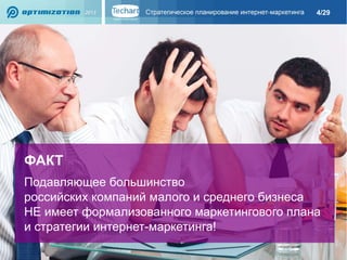 4/29

ФАКТ
Подавляющее большинство
российских компаний малого и среднего бизнеса
НЕ имеет формализованного маркетингового плана
и стратегии интернет-маркетинга!

 