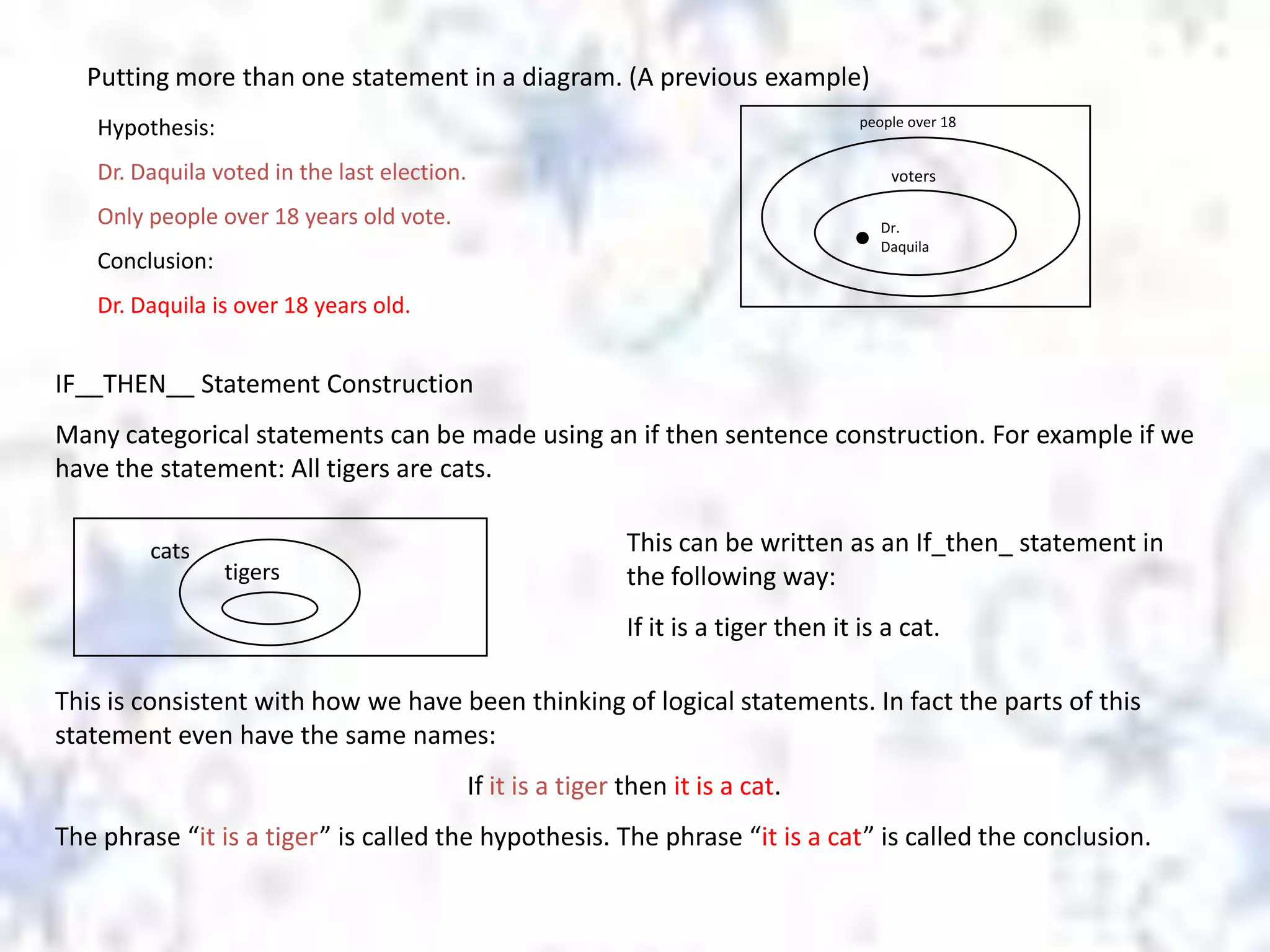 Putting more than one statement in a diagram. (A previous example)
people over 18

Hypothesis:
Dr. Daquila voted in the last election.

voters

Only people over 18 years old vote.

Dr.
Daquila

Conclusion:
Dr. Daquila is over 18 years old.

IF__THEN__ Statement Construction
Many categorical statements can be made using an if then sentence construction. For example if we
have the statement: All tigers are cats.
cats

tigers

This can be written as an If_then_ statement in
the following way:
If it is a tiger then it is a cat.

This is consistent with how we have been thinking of logical statements. In fact the parts of this
statement even have the same names:
If it is a tiger then it is a cat.
The phrase “it is a tiger” is called the hypothesis. The phrase “it is a cat” is called the conclusion.

 