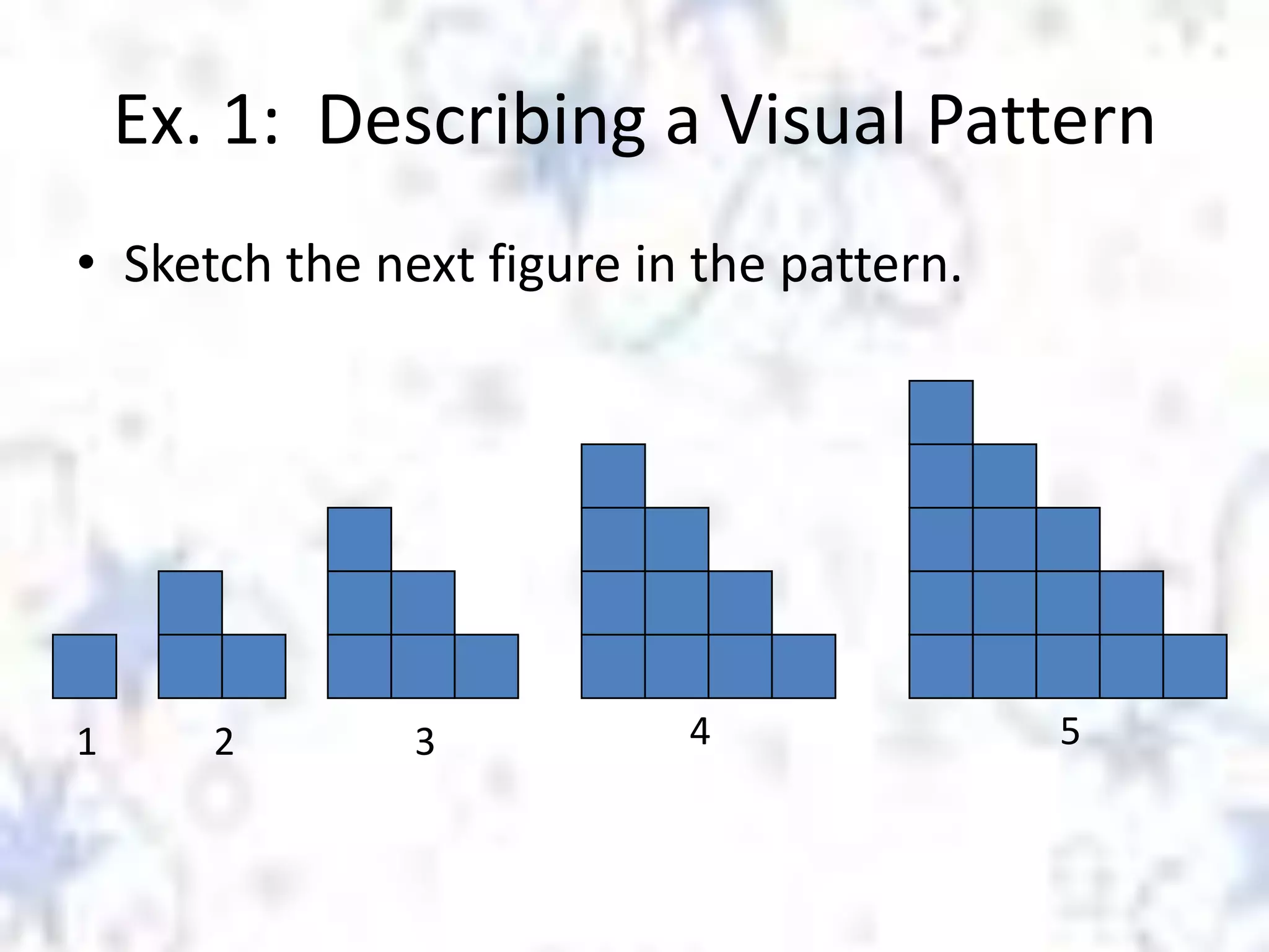 Ex. 1: Describing a Visual Pattern
• Sketch the next figure in the pattern.

1

2

3

4

5

 