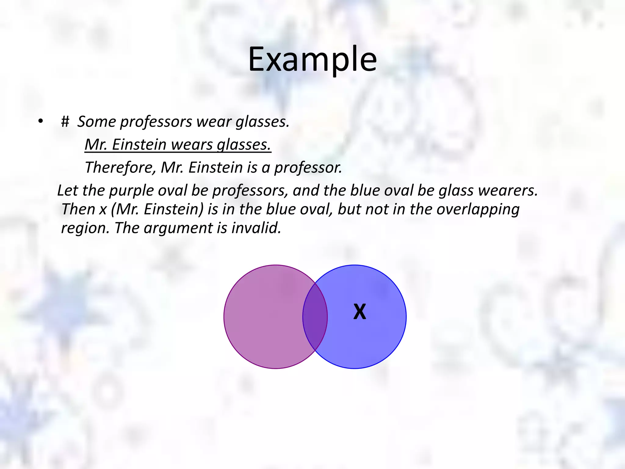Example
• # Some professors wear glasses.
Mr. Einstein wears glasses.
Therefore, Mr. Einstein is a professor.
Let the purple oval be professors, and the blue oval be glass wearers.
Then x (Mr. Einstein) is in the blue oval, but not in the overlapping
region. The argument is invalid.

X

 