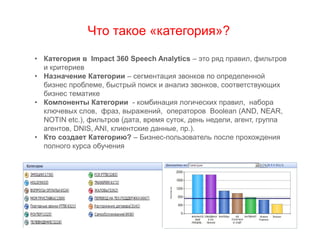 Что такое «категория»?
• Категория в Impact 360 Speech Analytics – это ряд правил, фильтров
и критериев
• Назначение Категории – сегментация звонков по определенной
бизнес проблеме, быстрый поиск и анализ звонков, соответствующих
бизнес тематике
• Компоненты Категории - комбинация логических правил, набора
ключевых слов, фраз, выражений, операторов Boolean (AND, NEAR,
NOTIN etc.), фильтров (дата, время суток, день недели, агент, группа
агентов, DNIS, ANI, клиентские данные, пр.).
• Кто создает Категорию? – Бизнес-пользователь после прохождения
полного курса обучения

 