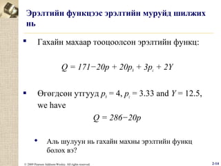 Эрэлтийн функцээс эрэлтийн муруйд шилжих
нь


Гахайн махаар тооцоолсон эрэлтийн функц:
Q = 171−20p + 20pb + 3pc + 2Y



Өгөгдсөн утгууд pb = 4, pc = 3.33 and Y = 12.5,
we have
Q = 286−20p


Аль шулуун нь гахайн махны эрэлтийн функц
болох вэ?

© 2009 Pearson Addison-Wesley. All rights reserved.

2-14

 
