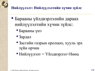 Нийлүүлэлт: Нийлүүлэлтийн хүчин зүйлс

 Барааны үйлдвэрлэлийн дараах
нийлүүлэлтийн хүчин зүйлс:
 Барааны үнэ
 Зардал
 Засгийн газрын оролцоо, хууль эрх
зүйн орчин
 Нийлүүлэлт = Үйлдвэрлэл+Нөөц

© 2009 Pearson Addison-Wesley. All rights reserved.

2-20

 