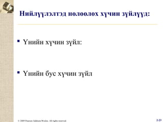 Нийлүүлэлтэд нөлөөлөх хүчин зүйлүүд:

 Үнийн хүчин зүйл:

 Үнийн бус хүчин зүйл

© 2009 Pearson Addison-Wesley. All rights reserved.

2-23

 