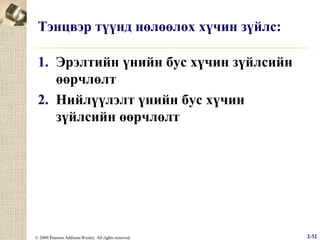Тэнцвэр түүнд нөлөөлөх хүчин зүйлс:
1. Эрэлтийн үнийн бус хүчин зүйлсийн
өөрчлөлт
2. Нийлүүлэлт үнийн бус хүчин
зүйлсийн өөрчлөлт

© 2009 Pearson Addison-Wesley. All rights reserved.

2-32

 