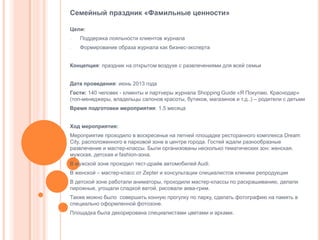Семейный праздник «Фамильные ценности»
Цели:
-

Поддержка лояльности клиентов журнала

-

Формирование образа журнала как бизнес-эксперта

Концепция: праздник на открытом воздухе с развлечениями для всей семьи
Дата проведения: июнь 2013 года

Гости: 140 человек - клиенты и партнеры журнала Shopping Guide «Я Покупаю. Краснодар»
(топ-менеджеры, владельцы салонов красоты, бутиков, магазинов и т.д..) – родители с детьми
Время подготовки мероприятия: 1,5 месяца
Ход мероприятия:
Мероприятие проходило в воскресенье на летней площадке ресторанного комплекса Dream
City, расположенного в парковой зоне в центре города. Гостей ждали разнообразные
развлечение и мастер-классы. Были организованы несколько тематических зон: женская,
мужская, детская и fashion-зона.
В мужской зоне проходил тест-драйв автомобилей Audi.
В женской – мастер-класс от Zepter и консультации специалистов клиники репродукции
В детской зоне работали аниматоры, проходили мастер-классы по раскрашиванию, делали
пирожные, угощали сладкой ватой, рисовали аква-грим.
Также можно было совершить конную прогулку по парку, сделать фотографию на память в
специально оформленной фотозоне.
Площадка была декорирована специалистами цветами и арками.

 