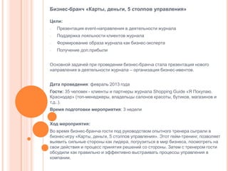 Бизнес-бранч «Карты, деньги, 5 столпов управления»
Цели:
-

Презентация event-направления в деятельности журнала

-

Поддержка лояльности клиентов журнала

-

Формирование образа журнала как бизнес-эксперта

-

Получение доп.прибыли

Основной задачей при проведении бизнес-бранча стала презентация нового
направления в деятельности журнала – организация бизнес-ивентов.
Дата проведения: февраль 2013 года
Гости: 35 человек - клиенты и партнеры журнала Shopping Guide «Я Покупаю.
Краснодар» (топ-менеджеры, владельцы салонов красоты, бутиков, магазинов и
т.д..).
Время подготовки мероприятия: 3 недели
Ход мероприятия:

Во время бизнес-бранча гости под руководством опытного тренера сыграли в
бизнес-игру «Карты, деньги, 5 столпов управления». Этот гейм-тренинг, позволяет
выявить сильные стороны как лидера, погрузиться в мир бизнеса, посмотреть на
свои действия и процесс принятия решений со стороны. Затем с тренером гости
обсудили как правильно и эффективно выстраивать процессы управления в
компании.

 