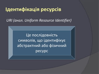 Ідентифікація ресурсів
URI (англ. Uniform Resource Identifier)

Це послідовність
символів, що ідентифікує
абстрактний або фізичний
ресурс

 