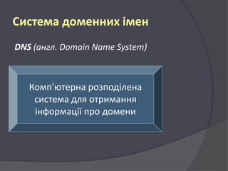 Система доменних імен
DNS (англ. Domain Name System)

Комп'ютерна розподілена
система для отримання
інформації про домени

 
