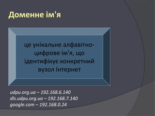 Доменне ім'я

це унікальне алфавітноцифрове ім'я, що
ідентифікує конкретний
вузол Інтернет
udpu.org.ua – 192.168.6.140
dls.udpu.org.ua – 192.168.7.140
google.com – 192.168.0.24

 
