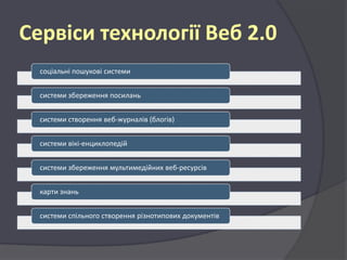 Сервіси технології Веб 2.0
соціальні пошукові системи
системи збереження посилань
системи створення веб-журналів (блогів)
системи вікі-енциклопедій
системи збереження мультимедійних веб-ресурсів
карти знань
системи спільного створення різнотипових документів

 