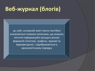 Веб-журнал (блогів)

це сайт, основний зміст якого постійно
оновлюється новими записами, що можуть
містити інформаційні ресурси різних
форматів (текстові, графічні, звукові та
відеоресурси), і відображається у
хронологічному порядку

 