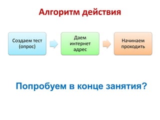 Алгоритм действия
Создаем тест
(опрос)

Даем
интернет
адрес

Начинаем
проходить

Попробуем в конце занятия?

 