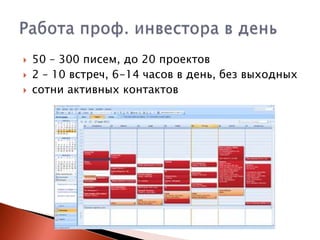 



50 – 300 писем, до 20 проектов
2 – 10 встреч, 6-14 часов в день, без выходных
сотни активных контактов

 